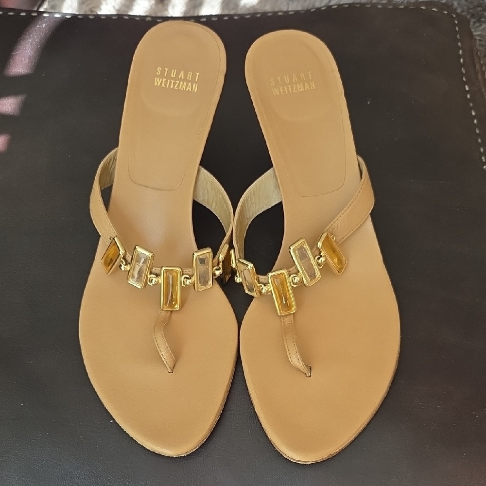Stuart Weitzman Tan Leather Sandal with Gold Jeweled Accents